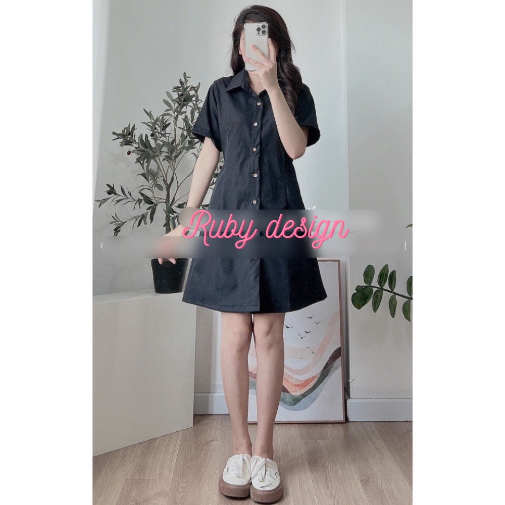Đầm nữ váy nữ basic cổ sơ mi cài cúc chiết eo lưng chun co giãn nhiều màu ngắn tay style hàn quốc mặc đi dự tiệc đi chơi