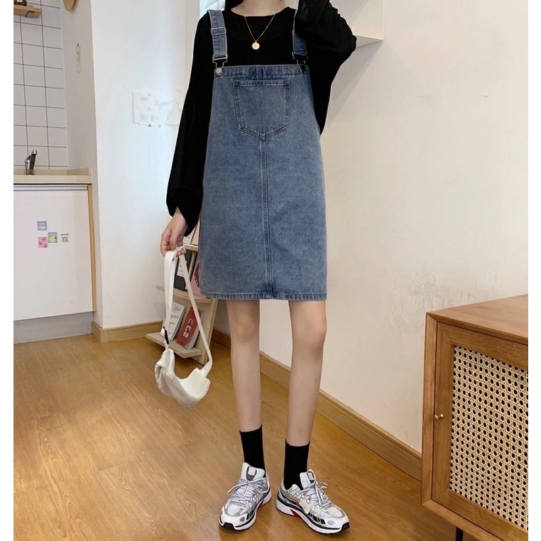 Váy Yếm Jean Nữ Màu Xanh Đen Có Túi Điều Chỉnh Dây Chất Bò Jean Loại 1 Phom Suông Phong Cách Ulzzang Basic Mặc Hàng Ngày
