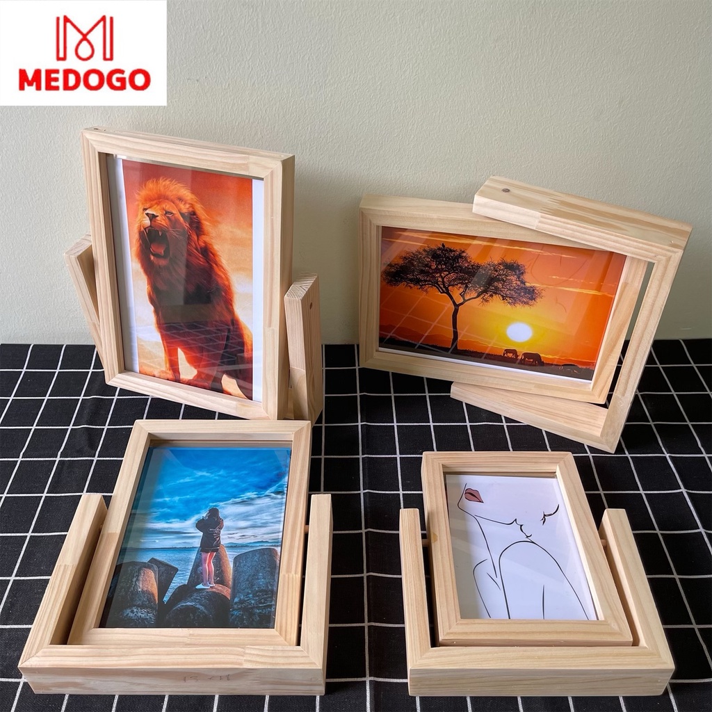 Khung ảnh gỗ MEDOGO để bàn xoay 360, gỗ thông nhập khẩu trang trí nhà cửa phong cách hiện đại