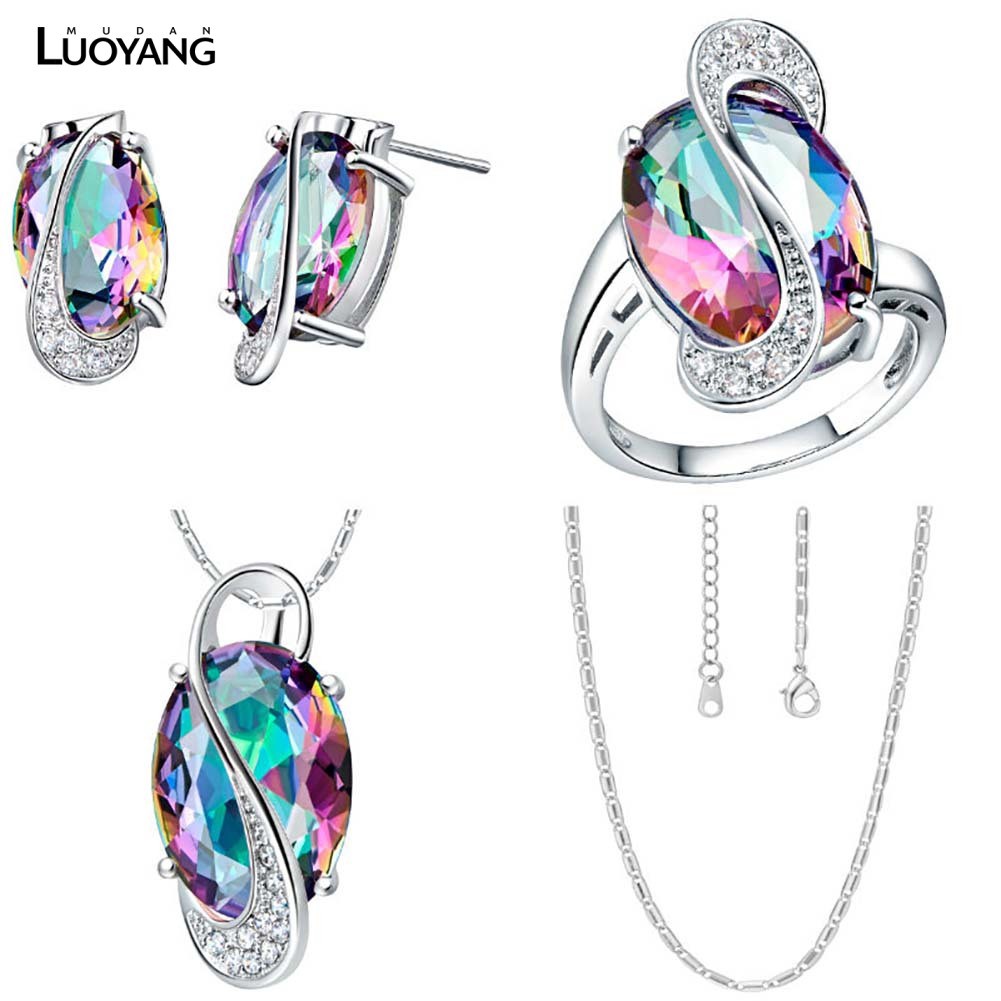 Set trang sức vòng cổ nhẫn mặt đá topaz cầu vồng Hàn Quốc