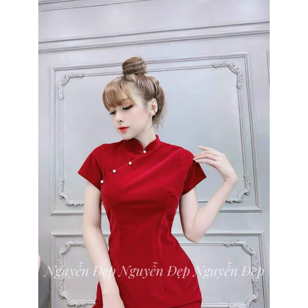 T72 Ảnh thật Đầm body cổ tàu xẻ tà đính ngọc sườn xám áo dài cách tân mặc xuân Tết