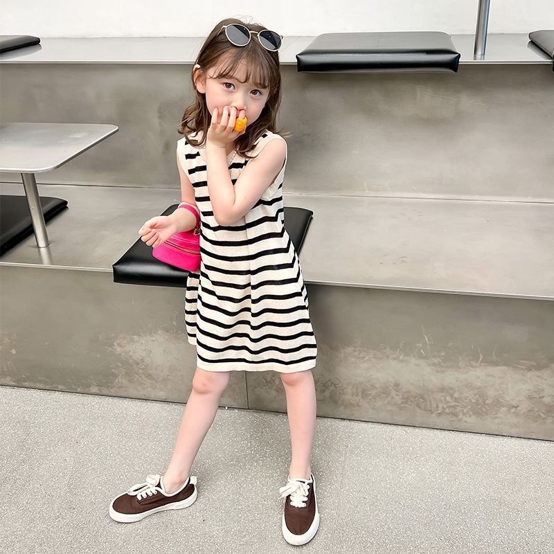 Bộ Áo Thun Cổ Bẻ + Chân Váy Cotton Họa Tiết Kẻ Sọc Phong Cách Hàn Quốc Thời Trang Mùa Hè Xinh Xắn Cho Bé Gái