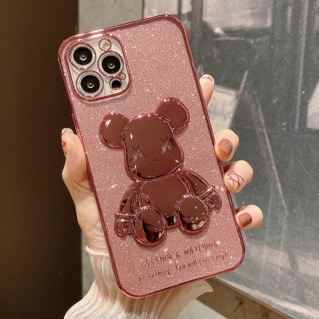 Ốp Điện Thoại TPU Góc Vuông Mạ Điện Hình Gấu Cho iPhone 13 12 11 Pro Max Promax XS Max XR X