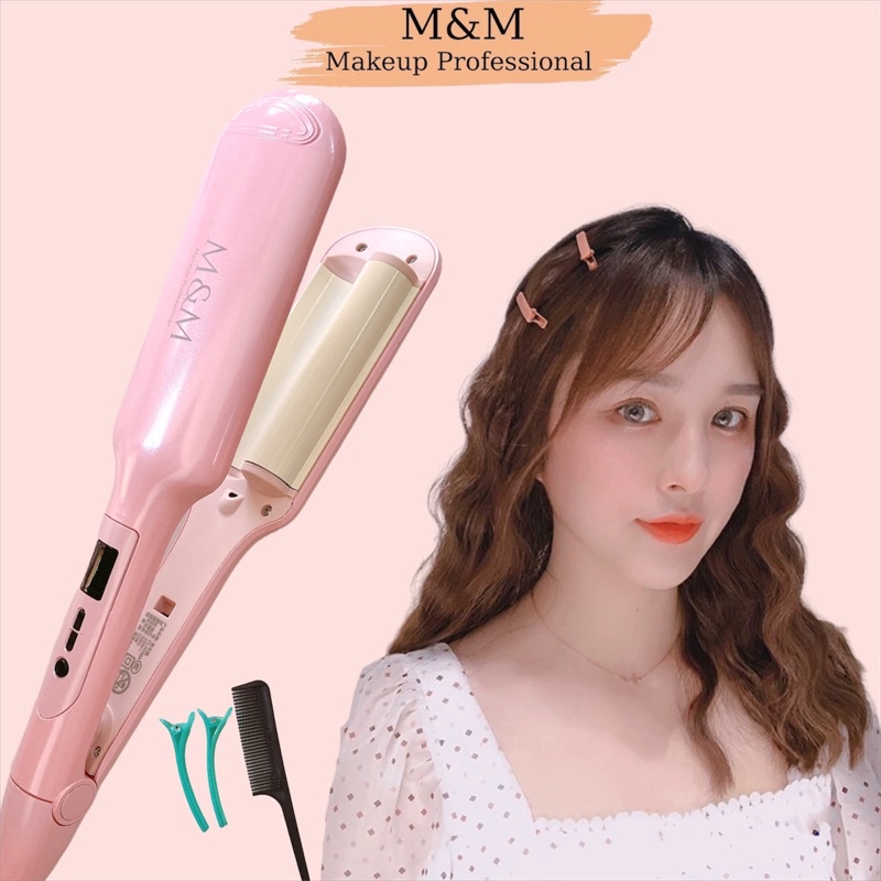 Máy làm tóc uốn xoăn sóng nước màn LCD hiện nhiệt tặng lược và kẹp vịt cao cấp