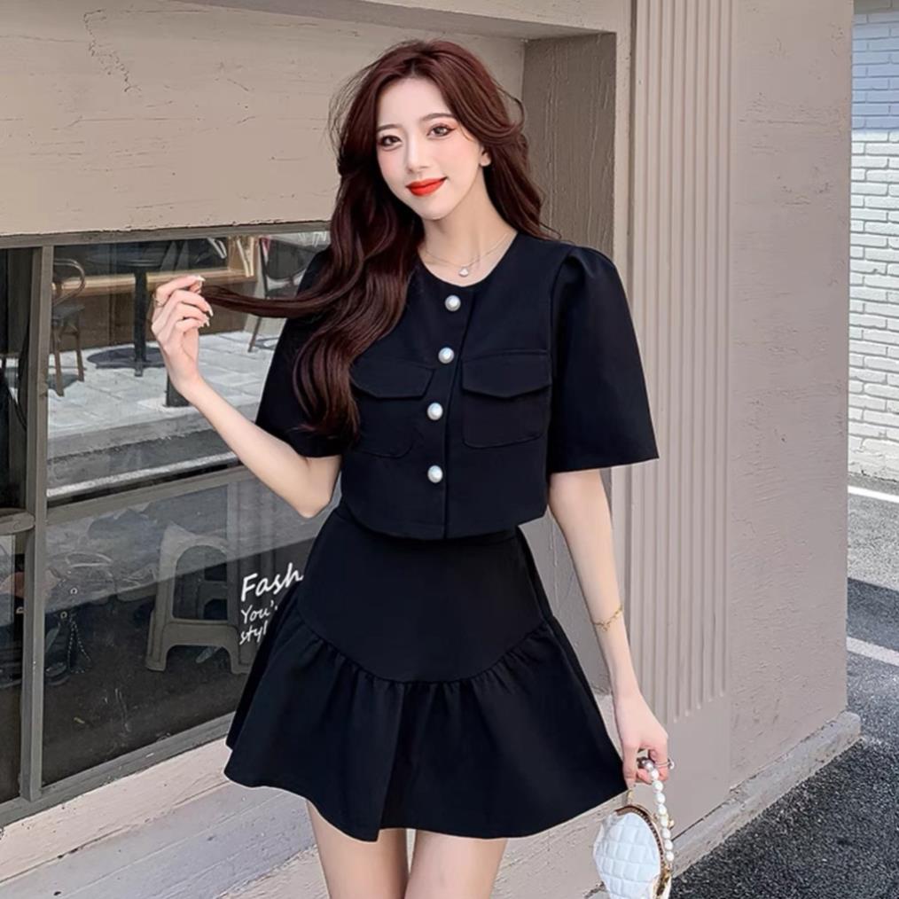 [ 𝐅𝐑𝐄𝐄 𝐒𝐇𝐈𝐏 ] SET CHÂN VÁY CROPTOP SƠ MI NẮP TÚI MIX CHÂN VÁY NGẮN XÒE