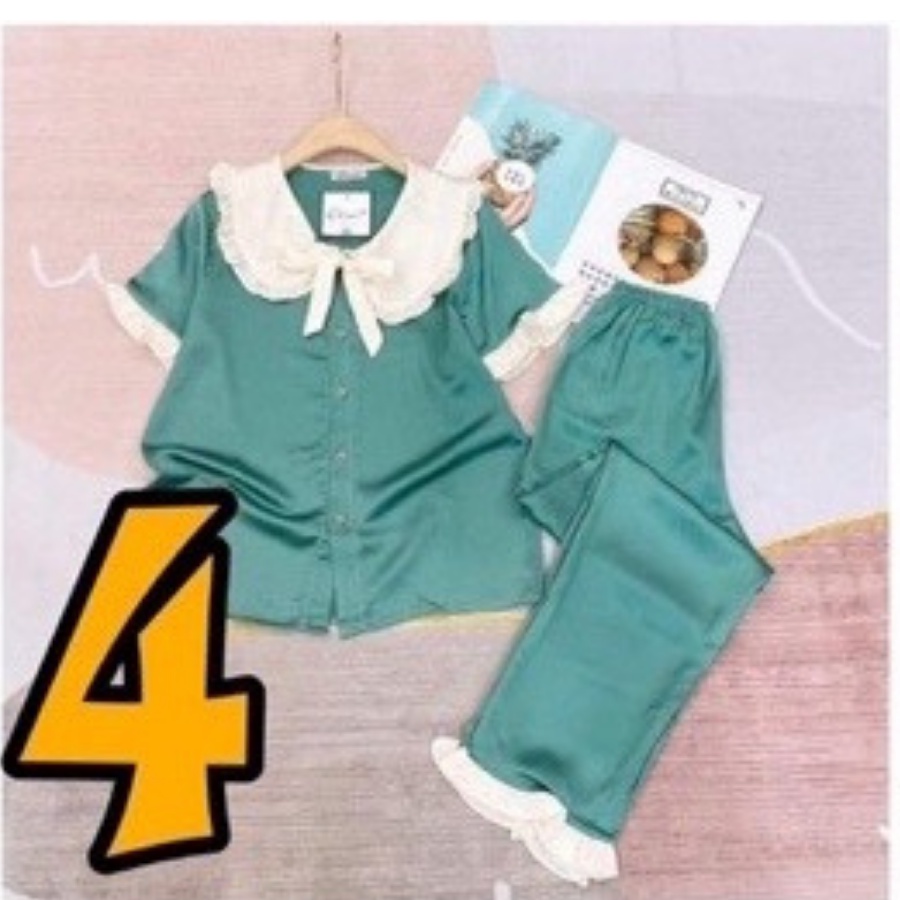 Đồ Bộ, Đồ Ngủ Pijama Nữ phối bèo Tiểu Thư cổ sen Quần Dài, Áo Cộc vải kate