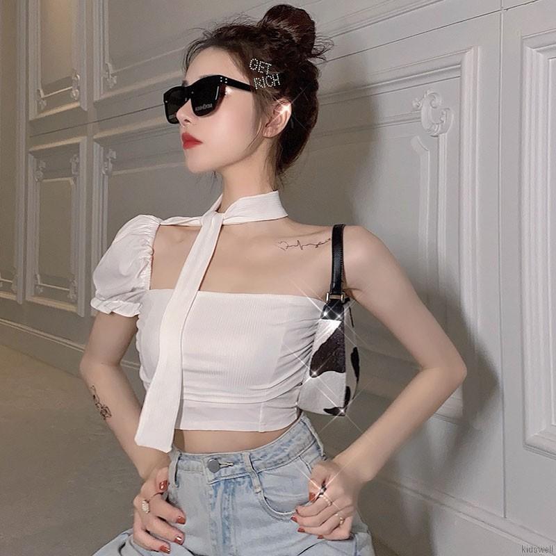 Áo croptop tay ngắn trễ vai màu trơn phong cách hợp thời trang cho nữ