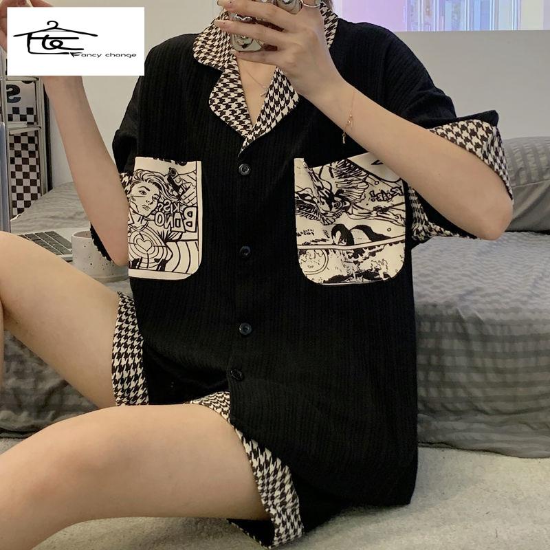 Bộ Đồ Ngủ Ngắn Tay Màu Đen Phong Cách Hàn Quốc Dành Cho Nữ