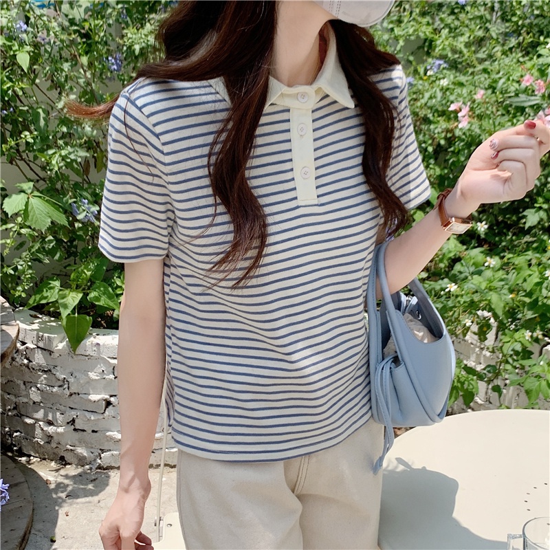 Áo polo cotton Tay Ngắn Dáng Rộng Họa Tiết Kẻ Sọc Thời Trang Mùa Hè 2022 Mới Cho Nữ