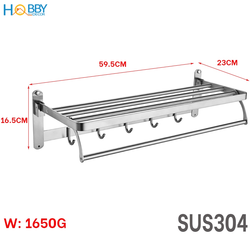Giá treo khăn tắm quần áo xếp gọn khoan tường HOBBY Home Decor GTK chuẩn Inox 304 không rỉ sét loại lớn kèm móc treo