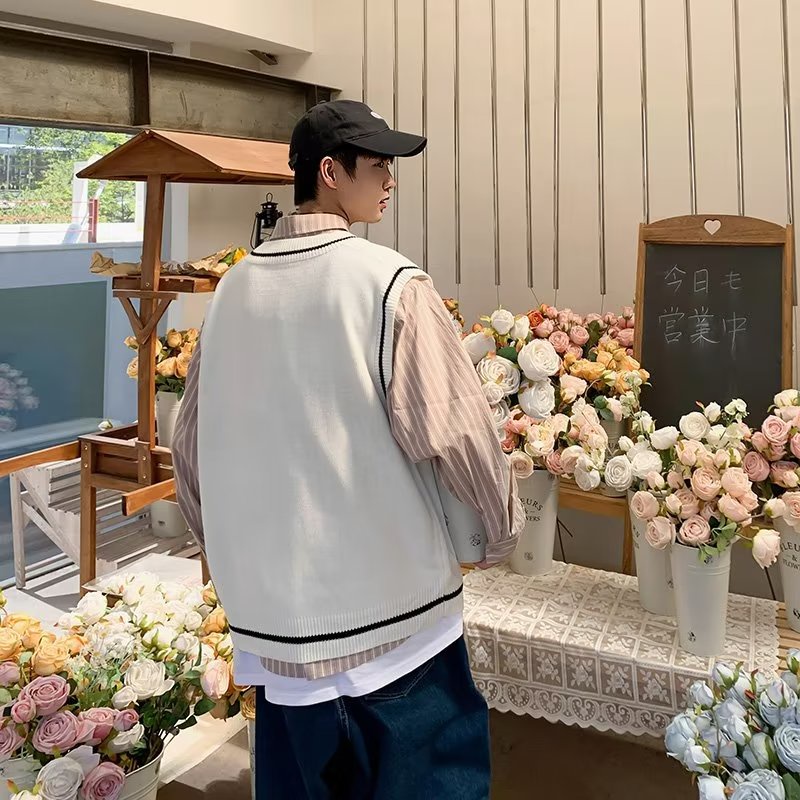 Áo Sweater Dệt Kim Không Tay Cổ Chữ V Màu Sắc Retro Nhật Bản Dành Cho Nam Nữ