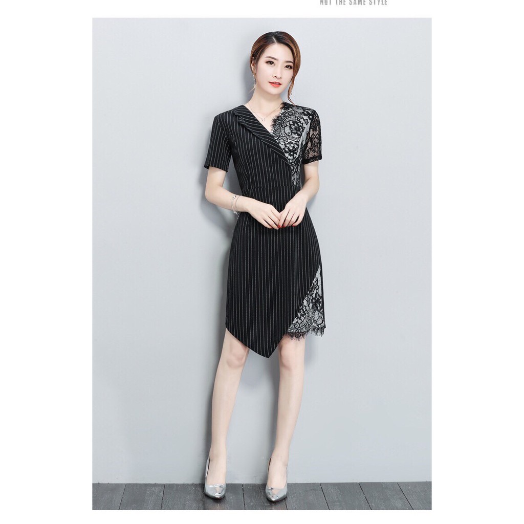Đầm kẻ phối ren cổ vest nửa Thời Trang mới - Hàng Nhập