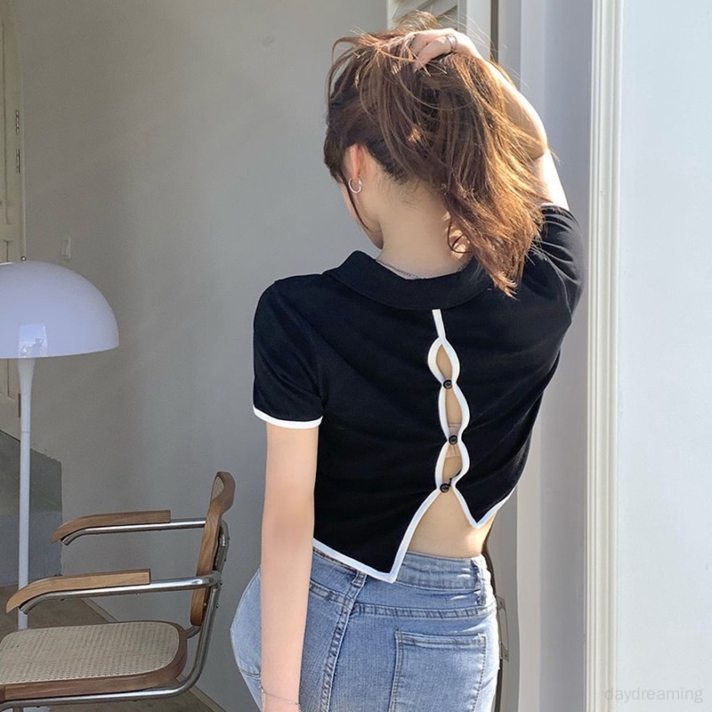Áo Thun Tay Ngắn Hở Lưng Phong Cách Hàn Quốc Dành Cho Nữ