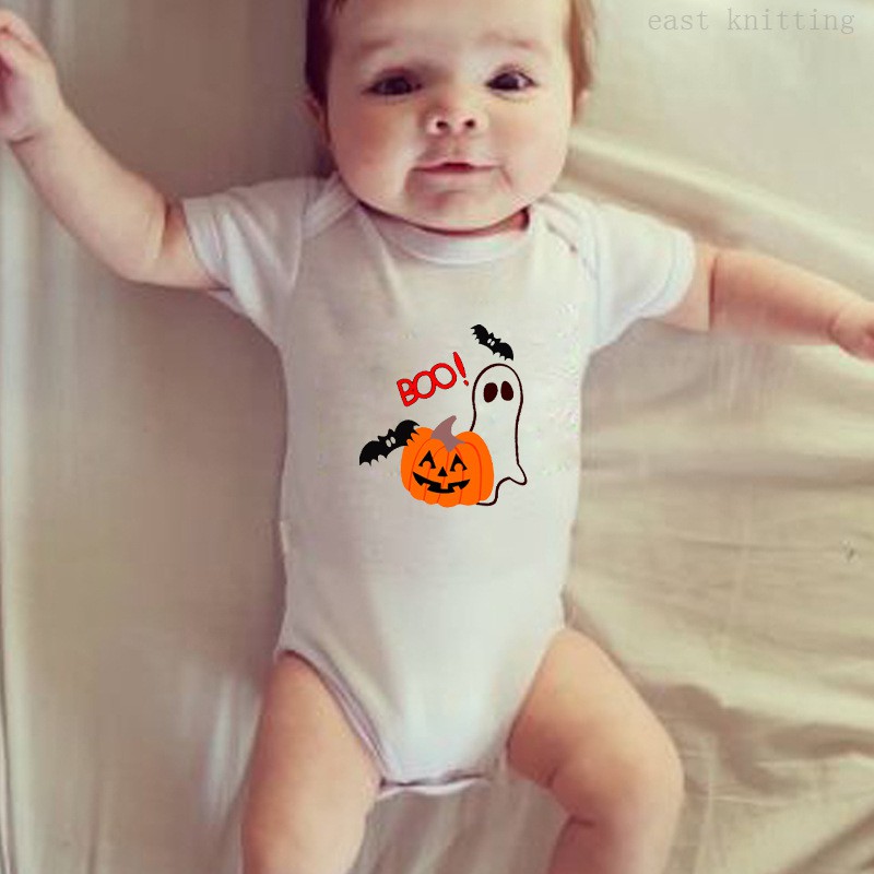 Bộ Áo Liền Quần Ngắn Tay In Hình Bí Ngô Halloween Cho Bé 2020