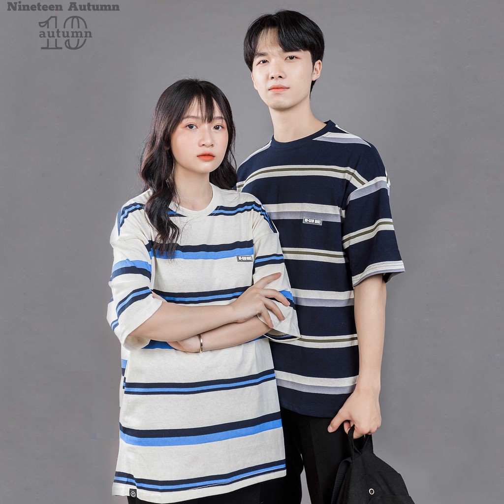 Áo thun tay lỡ nam nữ Unisex Nineteen Autumn phông nam nữ form rộng sọc ngang phối màu phong cách Hàn Quốc