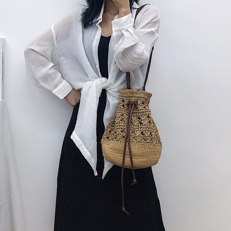Túi cói Bucket Hồ lô dây rút - phong cách Boho