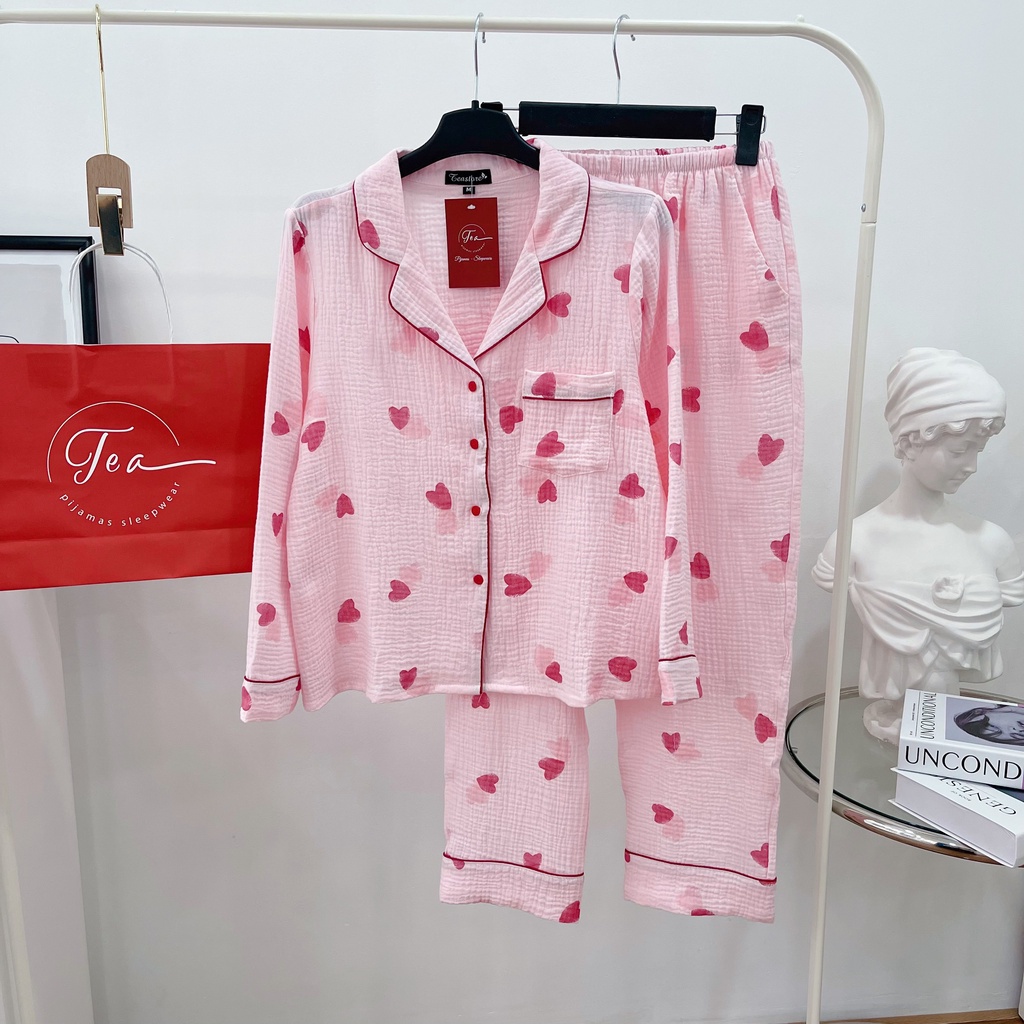 Bộ Mặc Nhà Pyjama Chất Xô Muslin Tea Store Áo Dài Quần Dài Họa Tiết Dễ Thương | BigBuy360 - bigbuy360.vn