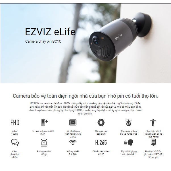 [Tặng Pin Mặt Trời] Camera Wi-Fi EZVIZ BC1C Không Dây, 1080P, Pin Sạc 7800 mAh, Bộ Nhớ Trong 32GB - Hàng Chính Hãng