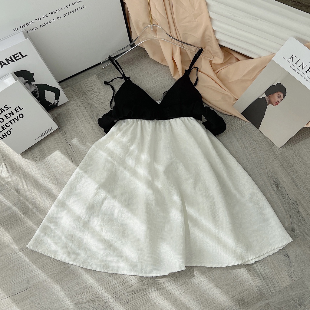 Đầm váy nữ form baby doll, rớt vai, 2 dây cúp đen phối trắng, hàng hotgirl