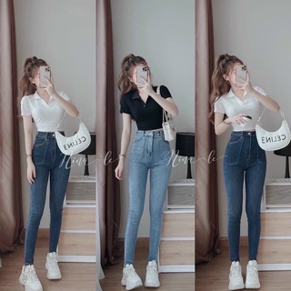 Quần jean dài ôm lưng cao túi to
