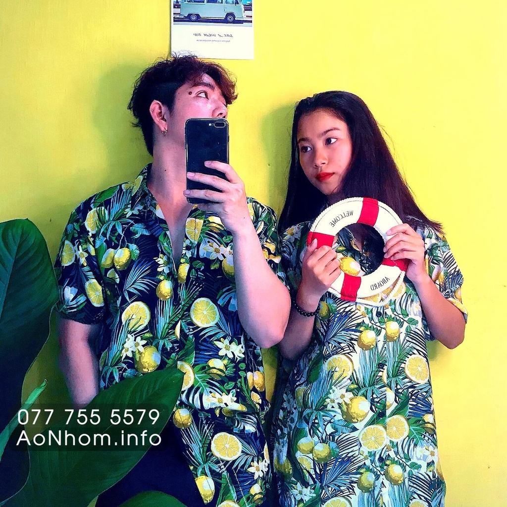 Áo Sơ Mi Hawaii Đi Biển Mềm Mát - Trái Chanh Đào Vẹt - Áo Đôi Đồng Phục Nhóm Lớp Team Building Hoạ Tiết Hoa Lá Trái Cây