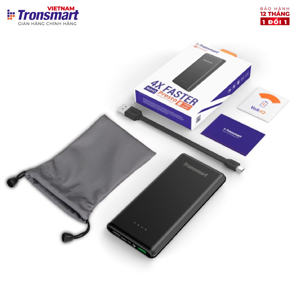 Sạc dự phòng 10000mAh Tronsmart Presto Sạc nhanh QC 3.0 kèm dây Micro USB - Hàng chính hãng - Bảo hành 12 tháng 1 đổi 1