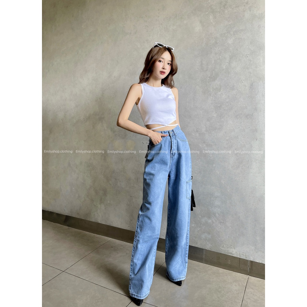 Quần jean nữ ống rộng lưng cạp cao form rộng chất đẹp Emilyshop
