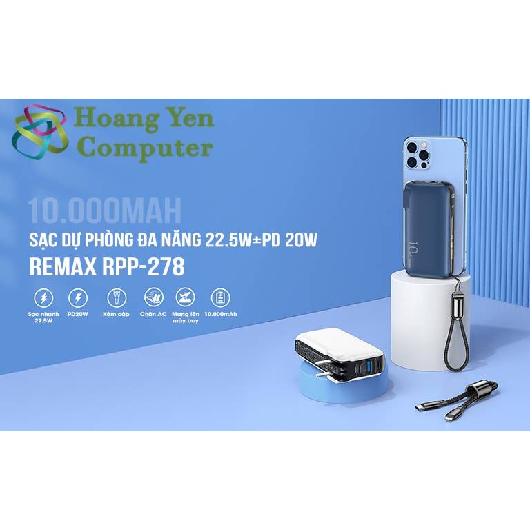 Sạc Dự Phòng Remax RPP-278 10000Mah (Sạc Nhanh QC3.0, PD20W), Nguồn AC Sạc Trực Tiếp - BH 1 Năm - Hoangyencomputer