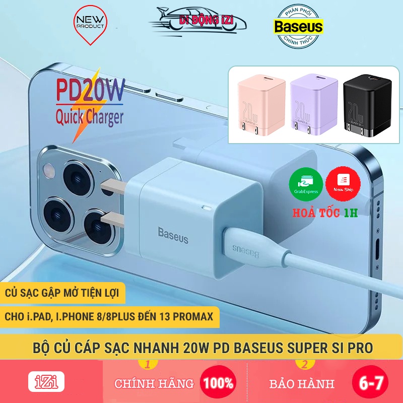 Bộ Sạc Nhanh PD 20W Cho IP 8/8P/X/Xs/11/12/13/Pro/ProMax- Baseus Super Si Pro Chuẩn TypeC Ra IP, Củ Nắp Gâp [CHÍNH HÃNG]