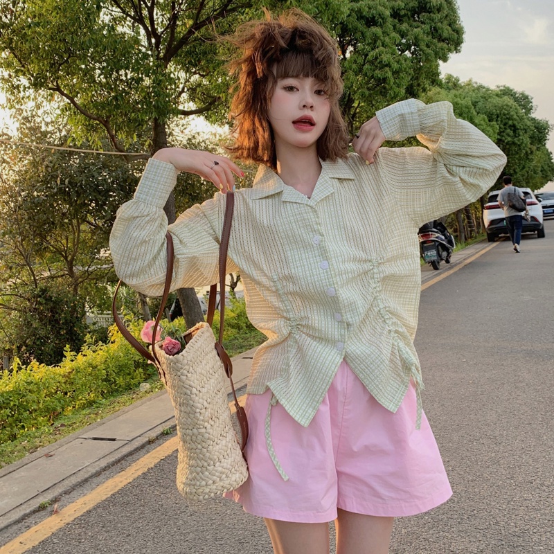 Áo Sơ Mi Tay Dài Phối Dây Rút Màu Xanh Lá Thiết Kế Đơn Giản Phong Cách Hàn Quốc Thời Trang Mùa Hè Cho Nữ