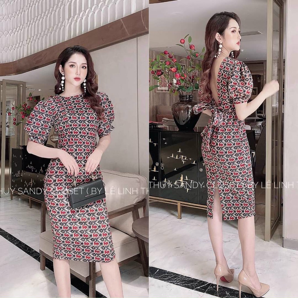 Đầm Tay Phồng Hở Lưng Có Mút Ngực Chất Liệu Thun Dẻo In KTS Thời Trang Nữ ĐẶNG DIỆU