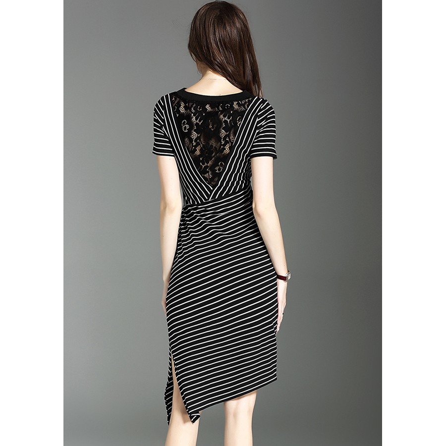 [45-67kg] SIÊU RẺ - ĐẦM ÔM DỰ TIỆC, ĐẦM ÔM BODY XẺ TÀ  KIỂU ĐẦM THUN SỌC PHỐI REN CỘT NƠ EO - ĐẦM CÔNG SỞ NỮ D376 | BigBuy360 - bigbuy360.vn