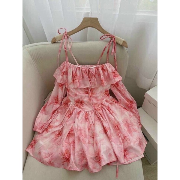 ĐẦM HỒNG HOA 2DÂY TRỄ VAI TAY DÀI XOÈ