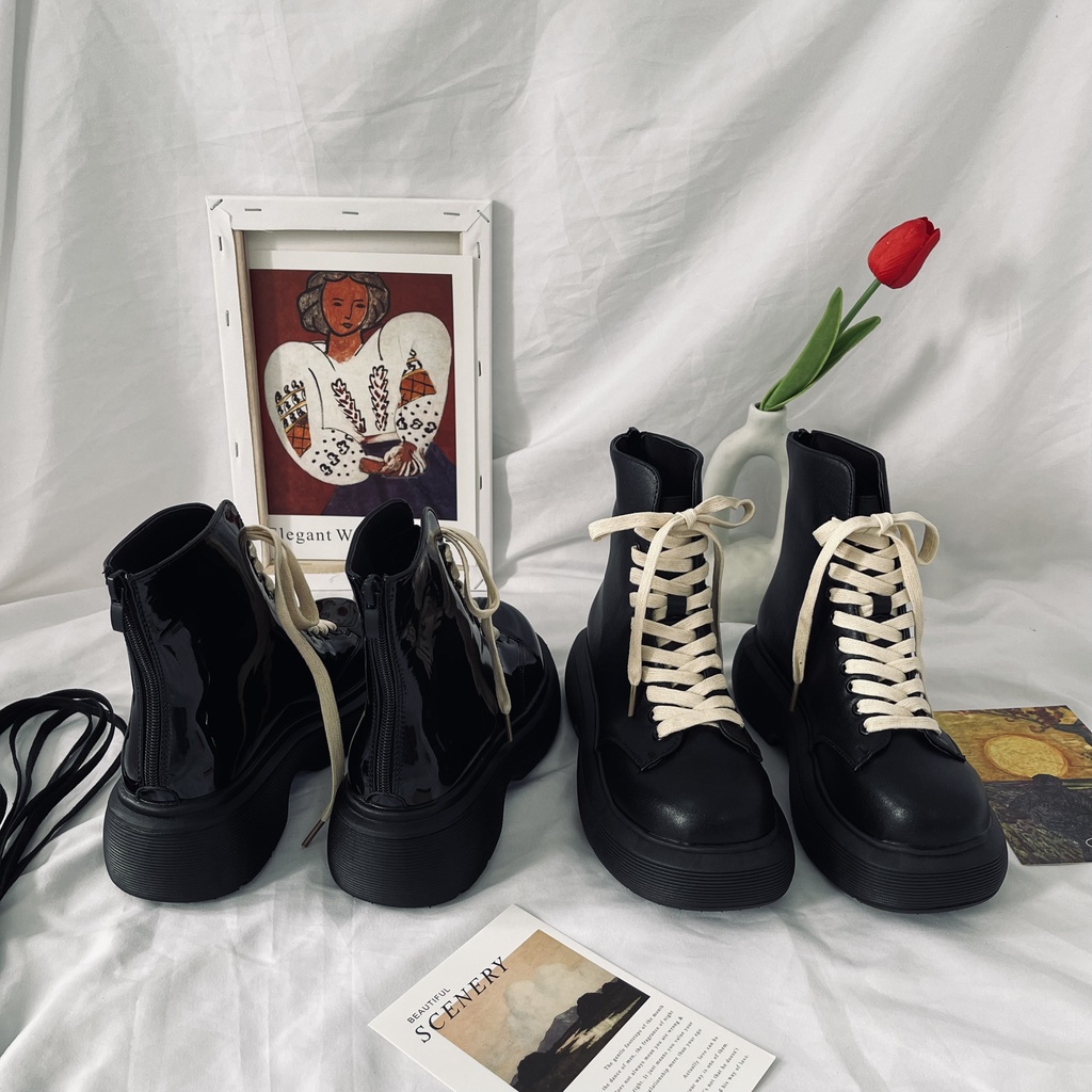 Giày Bốt Martin cổ thấp, khoá kéo Phong Cách Retro PongShoes mã 1316