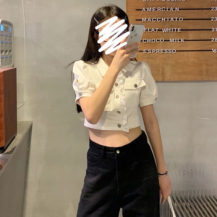 [F &amp; X] Áo Khoác Denim Tay Ngắn Dáng Ôm Viền Ren Thời Trang Mùa Hè Mới Cho Nữ