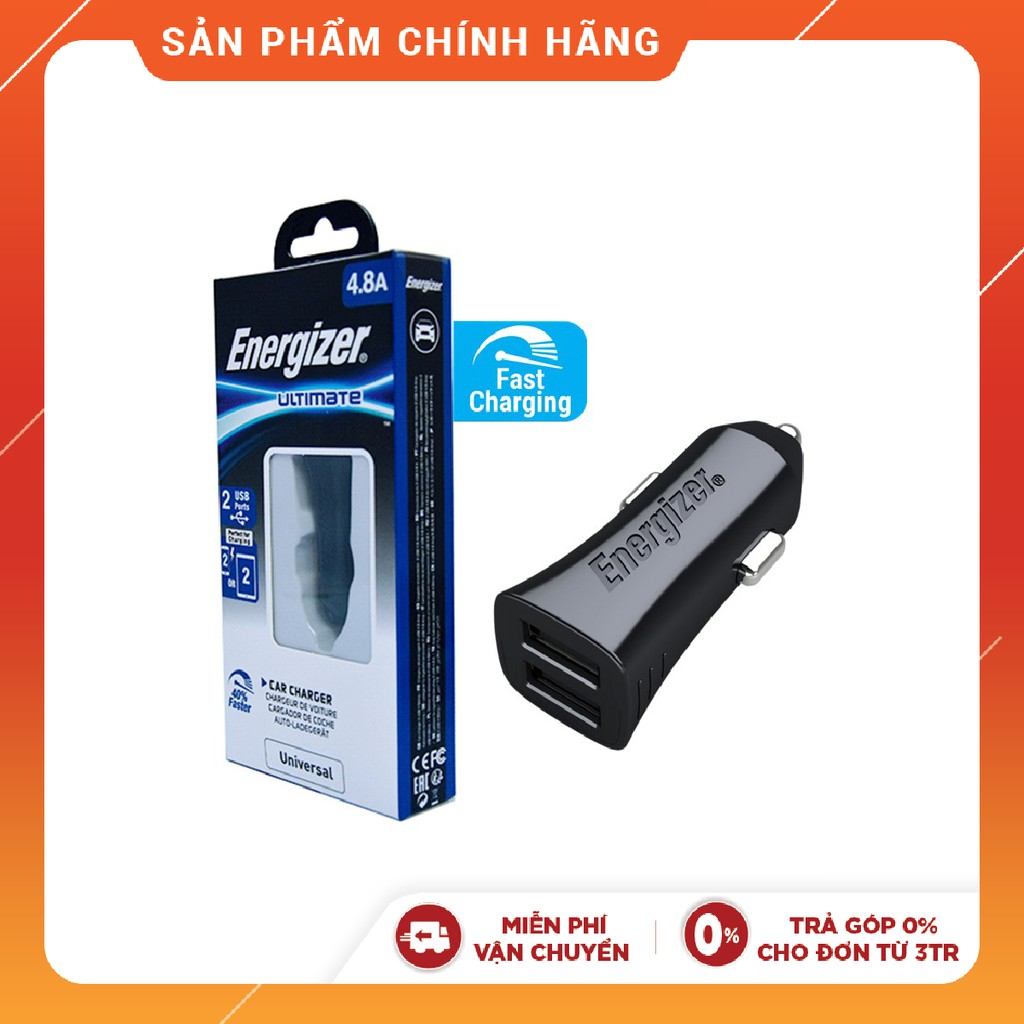 [Mã 2404EL10K giảm 10K đơn 20K] Sạc Ô tô Energizer UL 4.8A cổng USB - DCA2DUBK3 (Black)