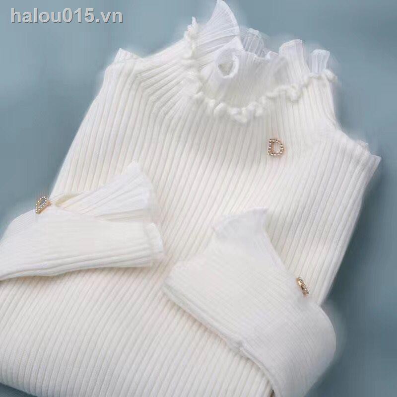 Áo Len Nữ♞△Áo sweater Dài Tay Cổ Cao Phối Ren Thời Trang Thu Đông Cho Nữ
