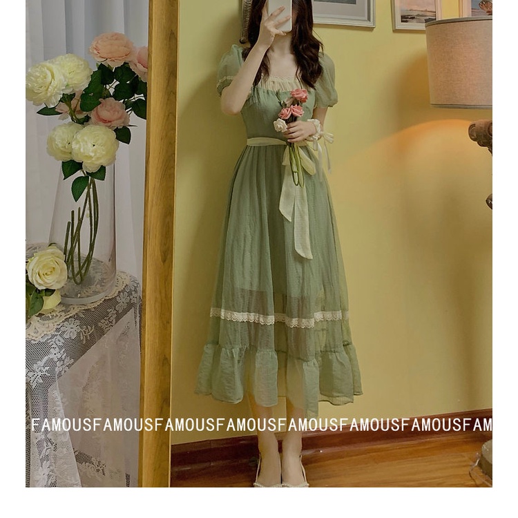Đầm Công Chúa Dáng Dài Cổ Vuông Màu Xanh Lá Thời Trang Mùa Hè Hàng Mới Dành Cho Bạn Nữ