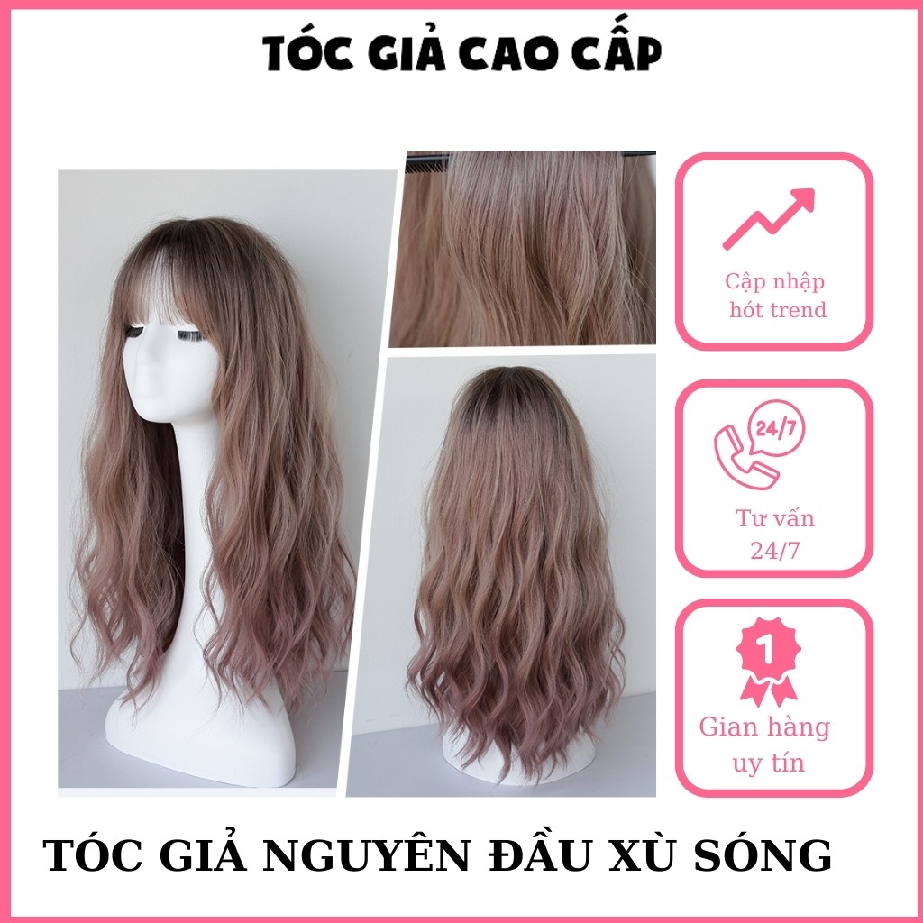 Tóc giả nguyên đầu xù dợn sóng màu hồng khói, c8184, tặng kèm lưới trùm tóc