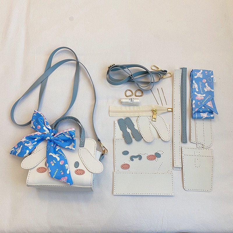 Túi Handmade Cún Cưng Trắng Tai Dài Buộc Nơ Tự Làm Bằng Tay, Làm Quà Tặng Dễ Thương Cho Bạn Gái ( Full Set Phụ Kiện )