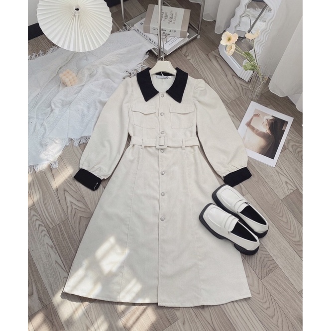 VÁY NHUNG TĂM CỔ PHA KÈM ĐAI