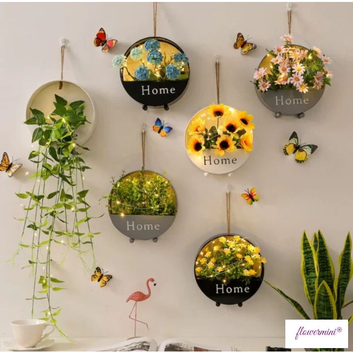 Giỏ hoa cỏ giả treo tường, để bàn nhiều mẫu đẹp trang trí nhà cửa, ban công, tiểu cảnh GS-01 (tặng đèn+ bướm)