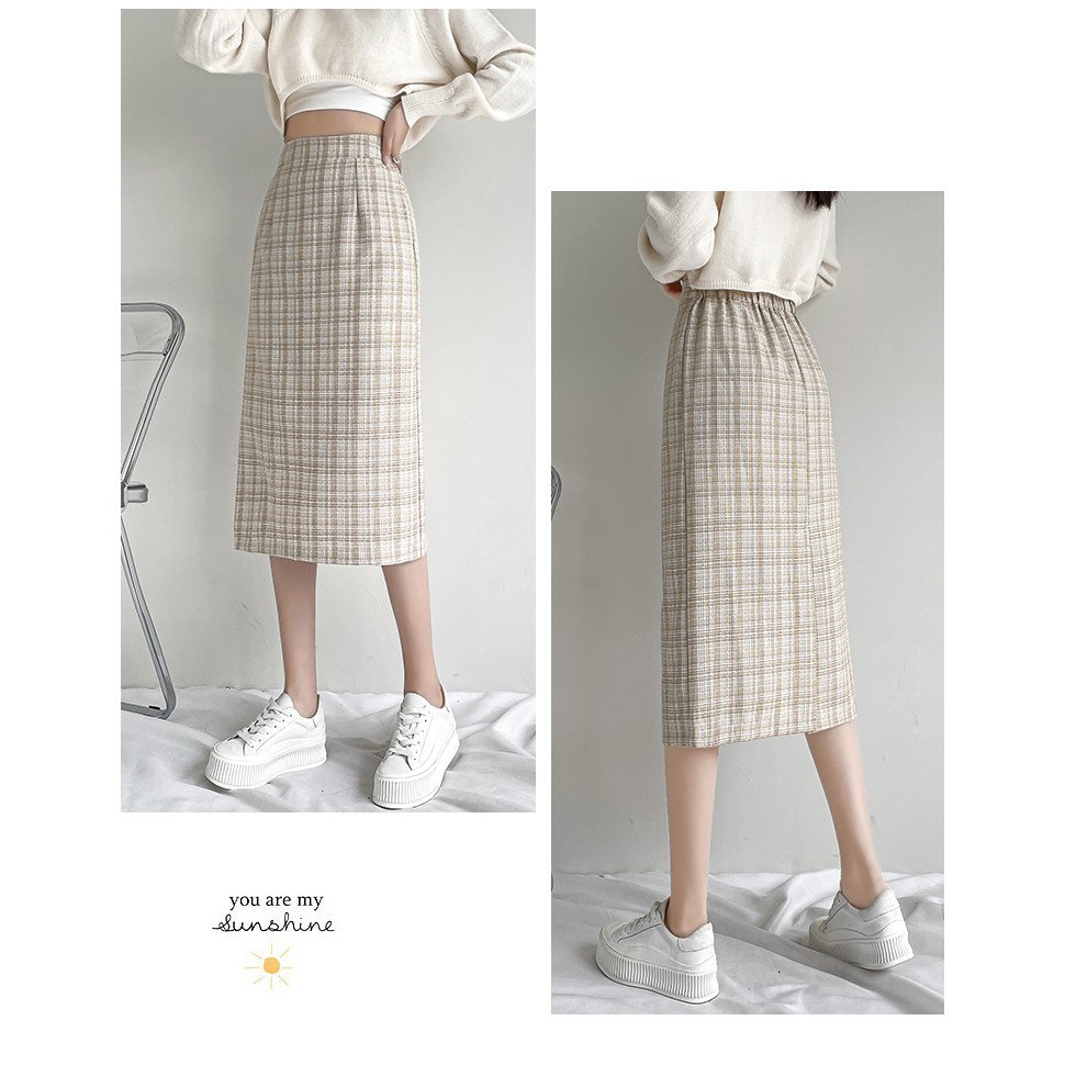Chân váy dài kẻ ulzzang xẻ tà, chân váy midi lưng cao hoạ tiết sọc caro sogeum.store | BigBuy360 - bigbuy360.vn