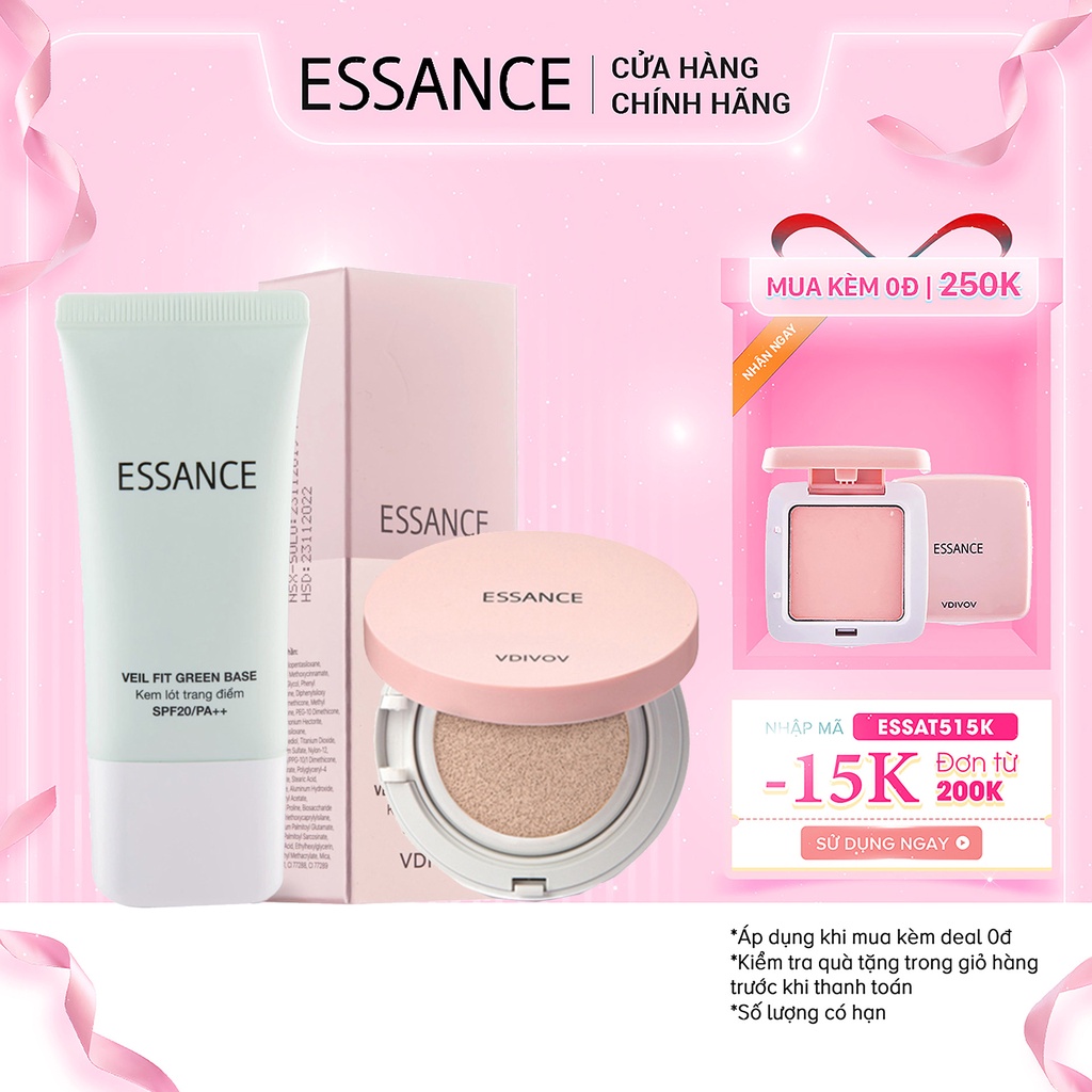 Combo Phấn nước mịn lì mờ khuyết điểm SPF50+ PA+++& Kem lót hiệu chỉnh sắc da kiểm soát dầu Essance