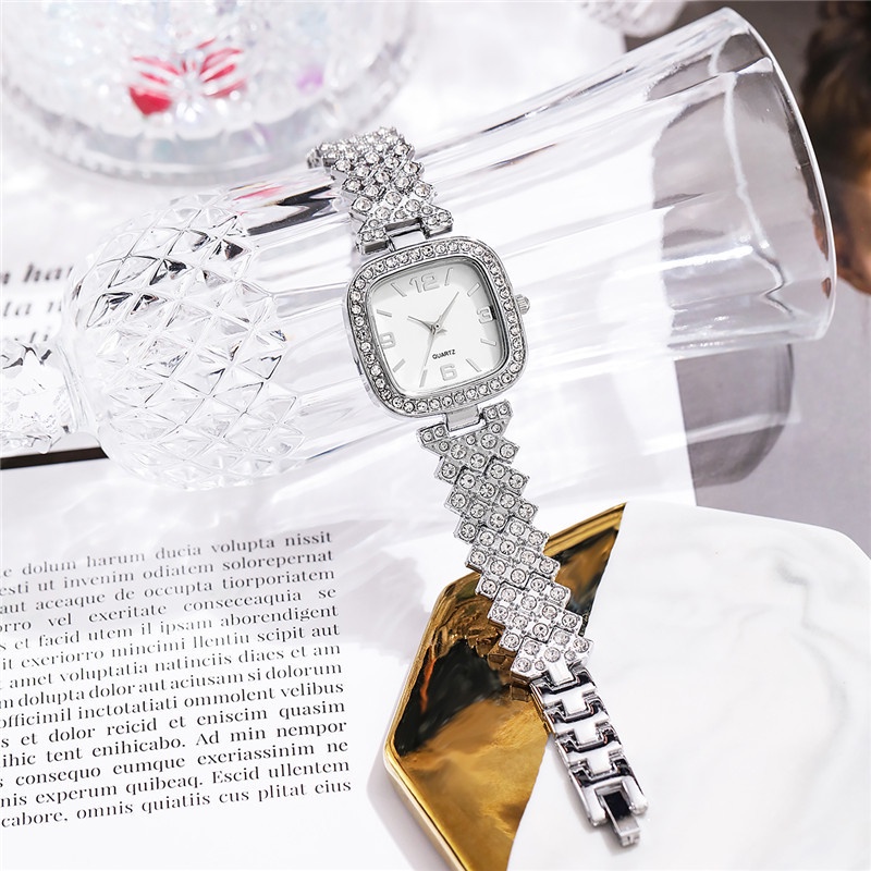 Đồng Hồ Mặt Vuông Đính Đá Với Dây Đeo Thép Không Gỉ Thời Trang