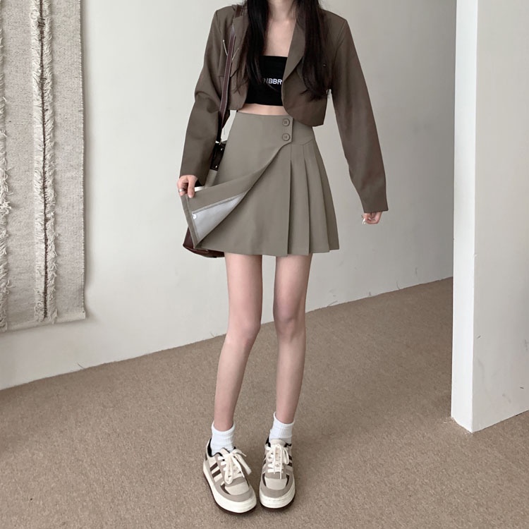 Chân váy chữ A SUXI lưng cao xếp ly phong cách Hàn Quốc thời trang mùa thu cho nữ