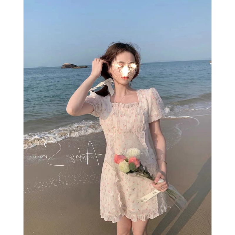 Peach White Tea Pure For Girls wood ear chiffon floral dress little short paragraph spring and summer