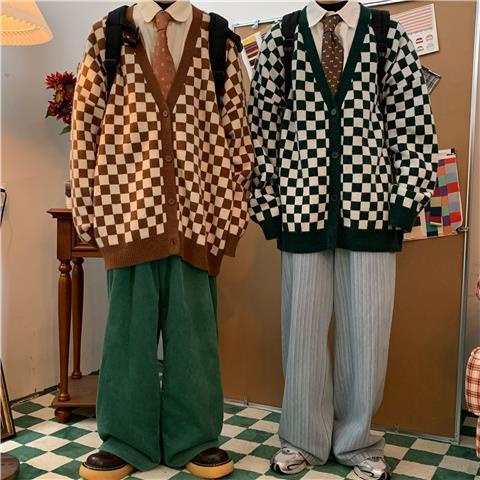 Áo Khoác Cardigan Kẻ Ca Rô Áo Dệt Kim Rộng Rãi Cổ Điển Phong Cách Lười Nam Nữ