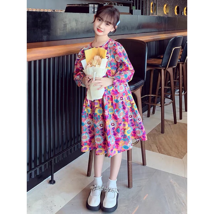 Đầm Cho Bé Gái Hml  Chất Thô Tay Dài, Váy Trẻ Em  Thu Đông 1,2,3,4,5,6,7,8,9,10 Tuổi Size Đại Mã A39