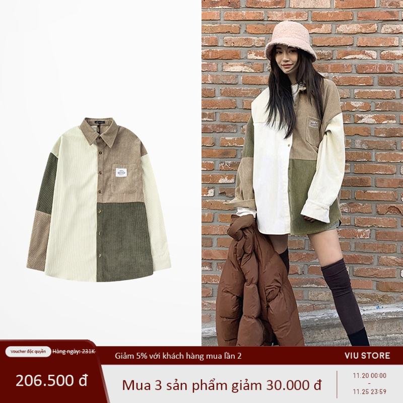Áo sơ mi Nelly dài tay nhung tăm thu đông phối basic